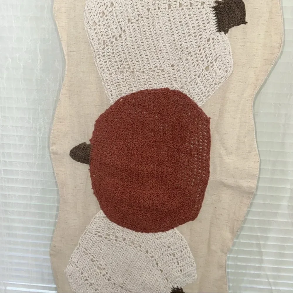 cupcakes & cashmere Ivory Linen White Rust Brown Crochet Pumpkins Table Runner